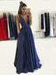 Sexy A-Line Deep V-Neck Dark Blue Prom Dresses with Pockets, TYP1256