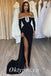 Sexy Black Velvet Sweetheart Long Sleeve Side Slit Mermaid Long prom Dresses With Beading, PDS0829