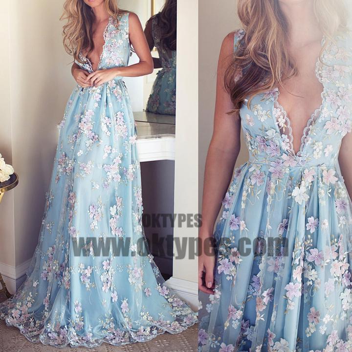 V-neck Sleeveless Blue tulle Appliques Prom Dresses, Affordable Long A-line Prom Dress, TYP0651