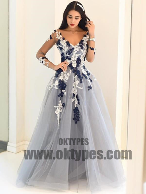 Long Floor Length Prom Dresses, Long Sleeve Prom Dresses, Appliques Prom Dresses, V-neck Prom Dresses, TYP0273