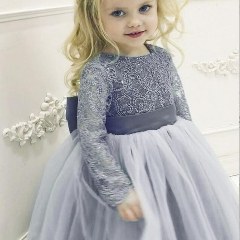 Long Sleeve Lace Round Neck Dusty Blue Tulle Flower Girl Dress with  Bowknot, TYP1007