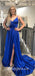 Sexy Soft Satin Spaghetti Straps V-Neck Sleeveless Side Slit A-Line Long Prom Dresses, PDS0887