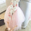 Beautiful Floral Printed V-Back Pink Tulle High Low Flower Girl Dresses With Flower Appliques, TYP1092