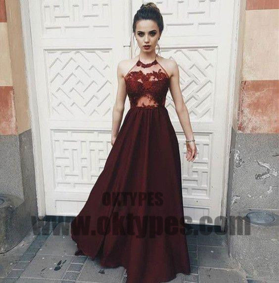 Long Floor Length Prom Dresses, Halter Strap Prom Dresses, Backless Prom Dresses, Appliques Prom Dresses, TYP0297