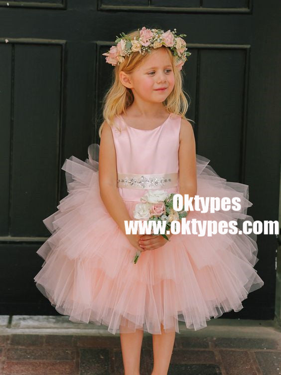 A-Line Asymmetry Train White Tulle Flower Girl Dress with Beading, TYP0948