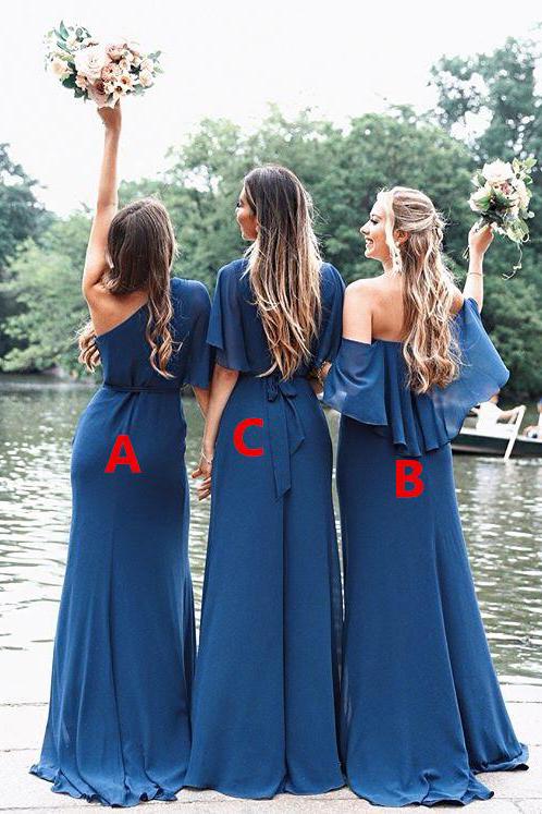 Mismatched Blue Long Cheap Chiffon Bridesmaid Dresses, TYP1759