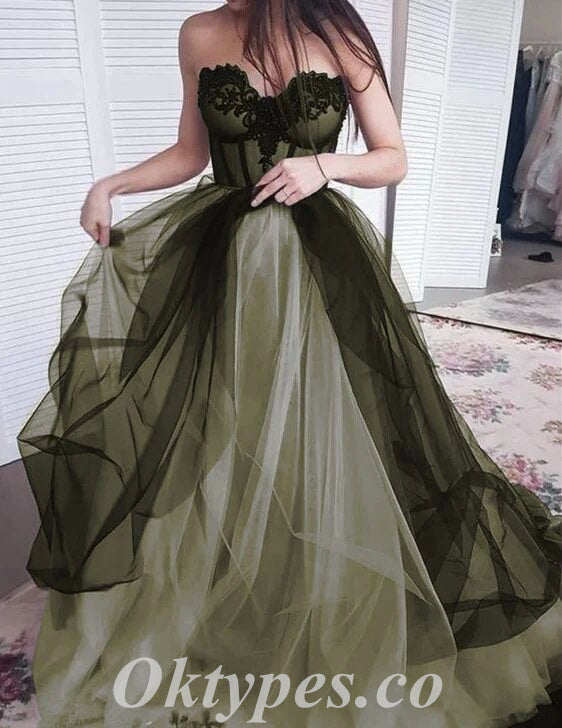 Elegant Tulle Sweetheart V-Neck Sleeveless A-Line Long Prom Dresses With Applique,PDS0720