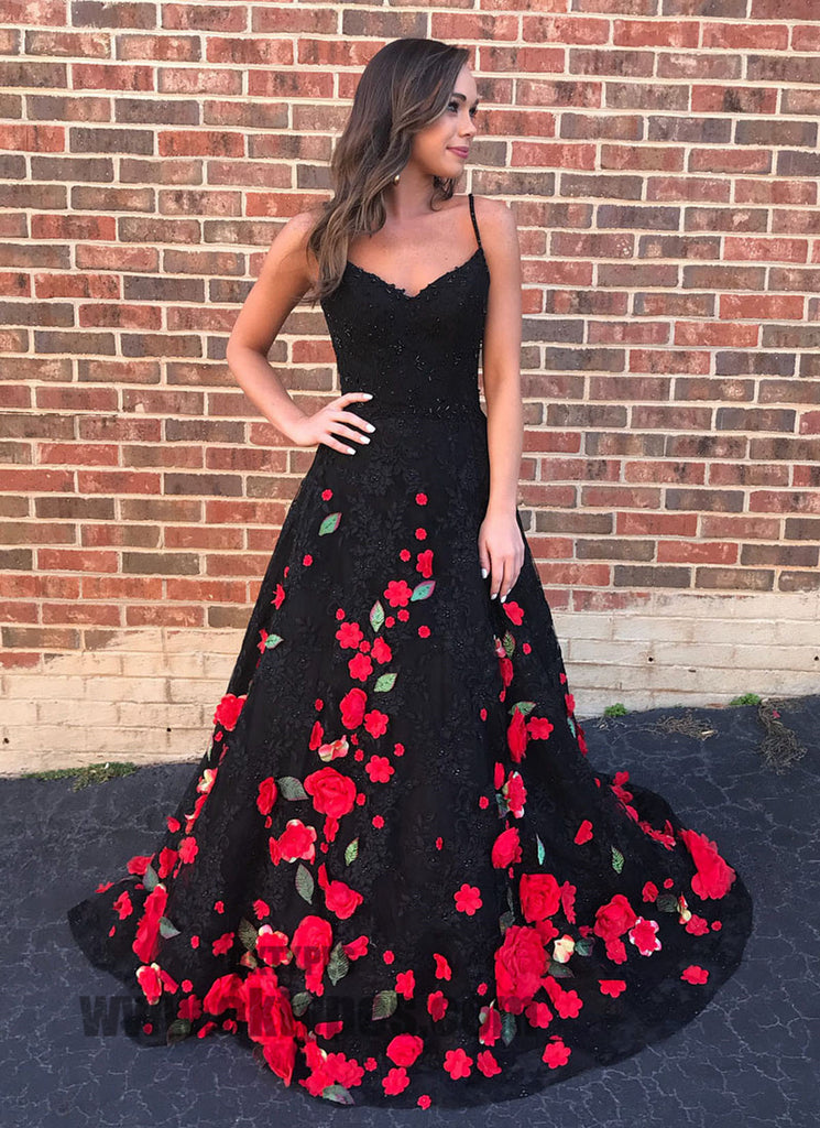 Black Lace Handmade Flowers Prom Dresses, A-line Prom Dresses, Lovely Prom Dresses, TYP0386