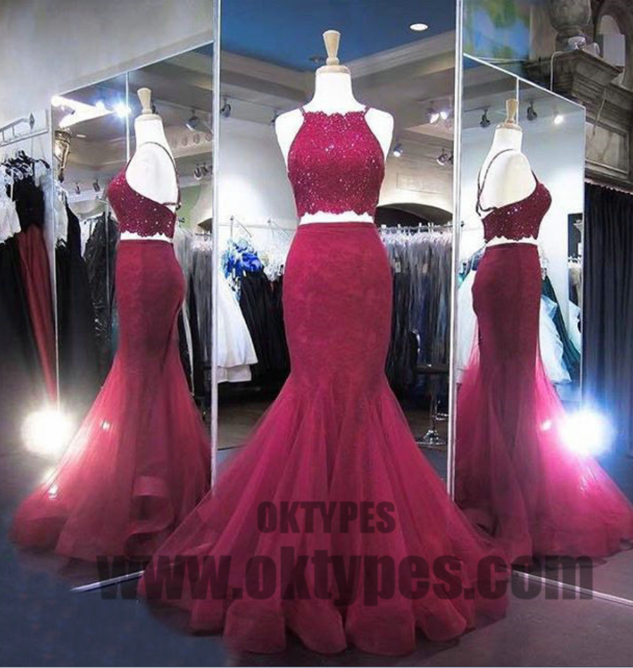 Red Two Piece Beading Prom Dresses, Halter Strap Tulle Prom Dresses, TYP0387