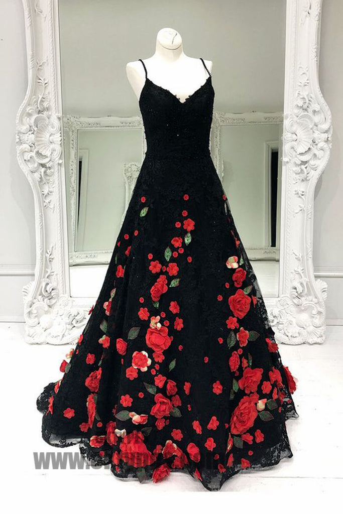 Black Lace Handmade Flowers Prom Dresses, A-line Prom Dresses, Lovely Prom Dresses, TYP0386