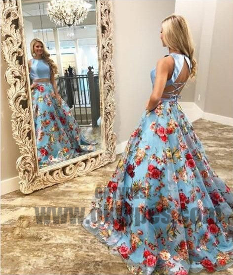 Two Piece Prom Dresses, Round Neck Sweep Train Blue Floral Organza Prom Dresses, TYP0698