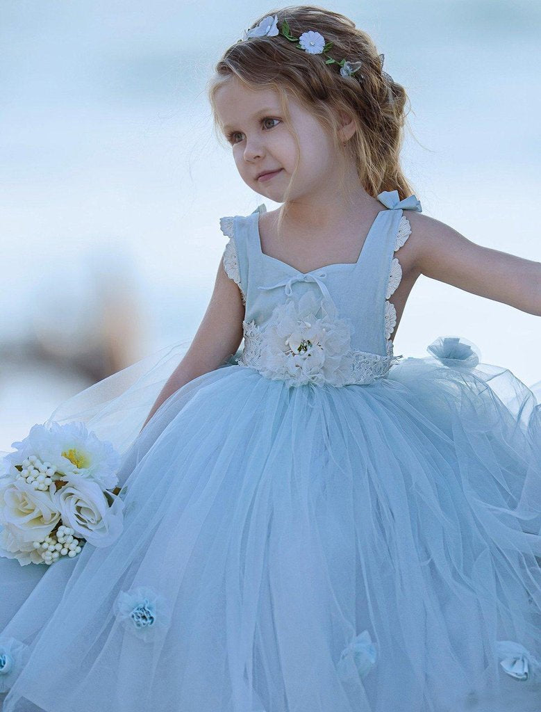 Blue Tulle A-Line Flower Girl Dresses, Backless Popular Little Girl Dresses, TYP1420