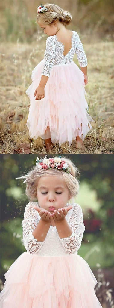 A-Line Scoop Tea-Length 3/4 Sleeves Pink Flower Girl Dresses with Lace Ruffles, TYP1027