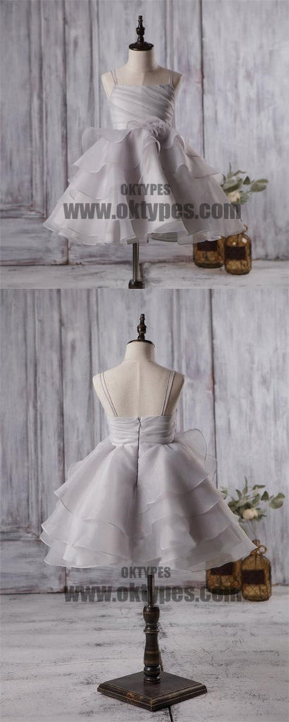 Cute Light Grey Organza Bustled Flower Little Girl Dresses, Cheap Flower Girl Dresses, TYP0624