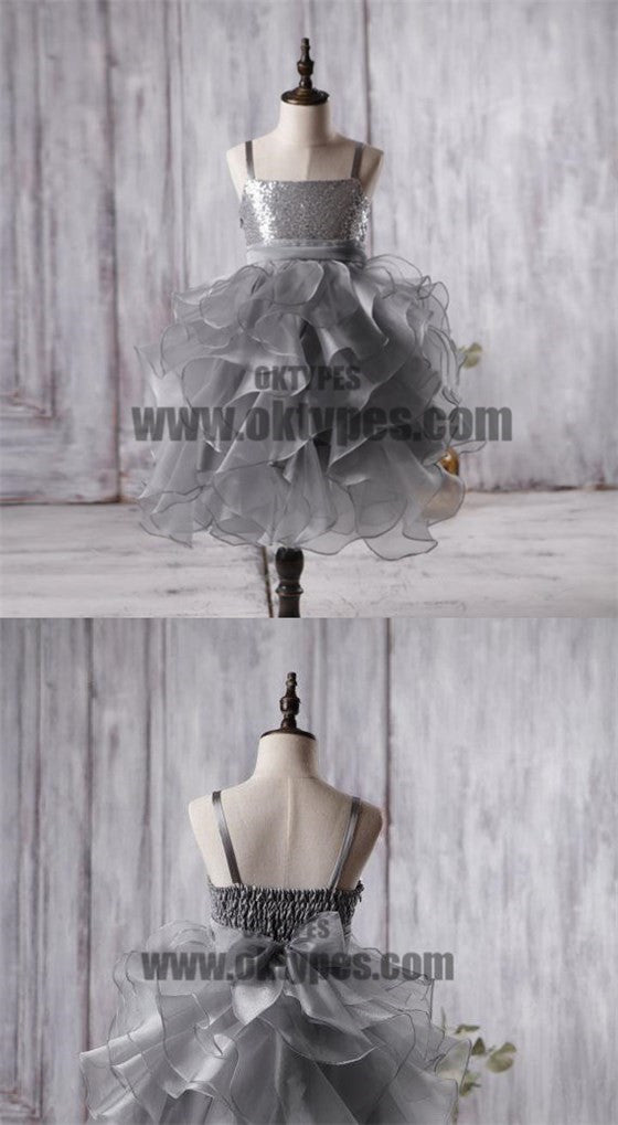 Dark Grey Sequin Organza Bustled Flower Tutu Dresses, Cheap Popular Flower Girl Dresses, TYP0626