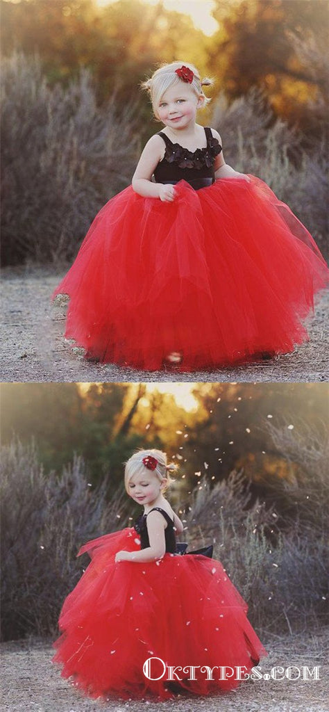 Lovely Black and Red Tulle Long Ball Gown Princess  Flower Girl Dresses, TYP1956