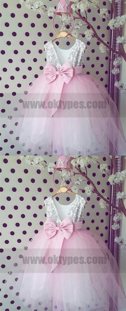 Silver Sequined Pink Tulle Flower Girl Dresses, Cute Flower Girl Dresses, TYP0768