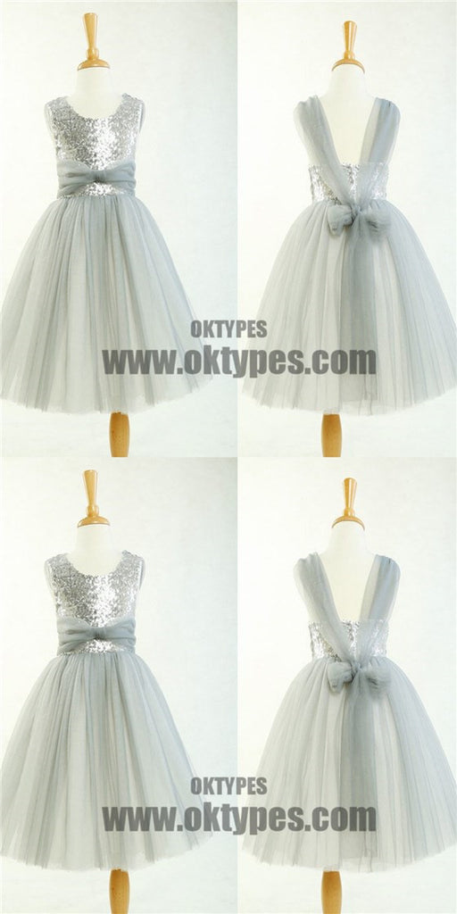 Round Neck Silver Sequin Tulle Pretty Little Girl Dresses For Wedding Party, Flower Girl Dresses, TYP0525