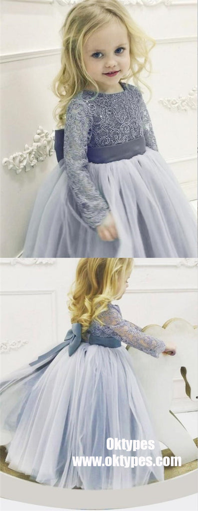 Long Sleeve Lace Round Neck Dusty Blue Tulle Flower Girl Dress with  Bowknot, TYP1007