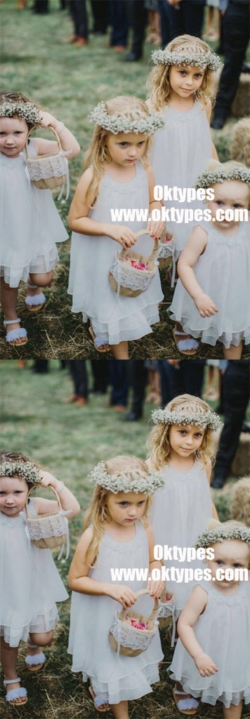 A-Line Round Neck Tiered Light Blue Chiffon Flower Girl Dress with Lace, TYP0888