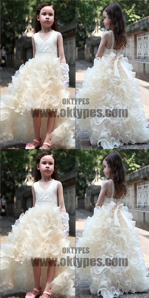 V-neck Hi-low Ivory Flower Girl Dresses, Cute Cheap Tutu Dresses, TYP0526