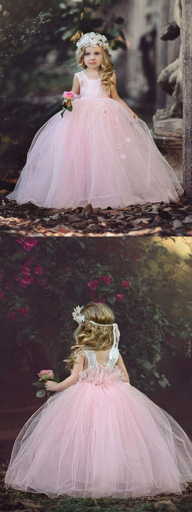 Pink Halter Long Cheap Tulle Flower Girl Dresses With Handmade Flower, TYP1116