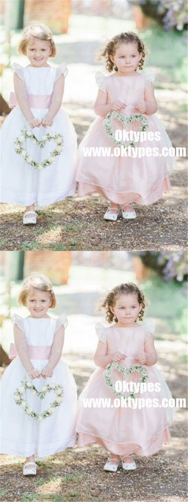 A-Line Bateau Long Pink Organza Flower Girl Dress with Sash, TYP0889