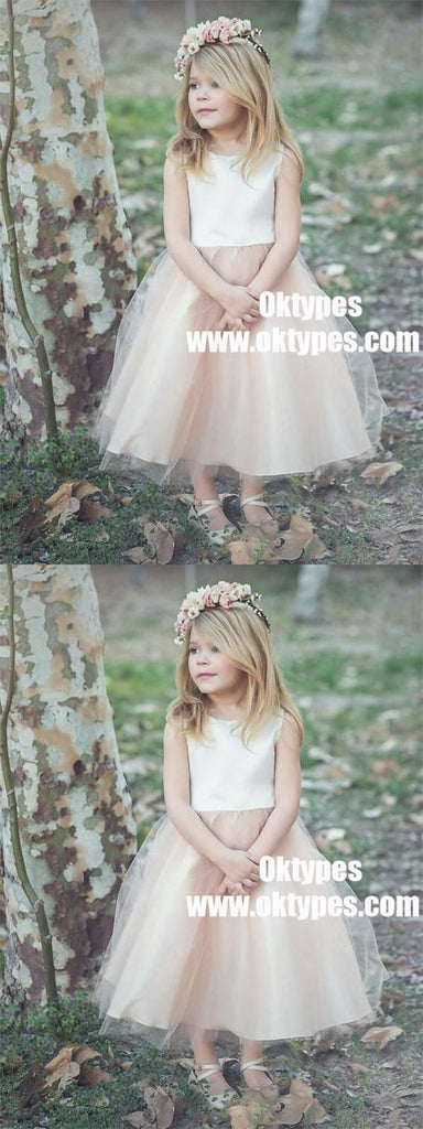 A-Line Bateau Tea-Length Blush Tulle Flower Girl Dresses, TYP0887