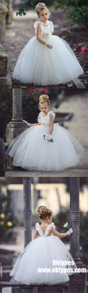 White Tulle Flower Girl Dresses, Beaded Backless Popular Little Girl Dresses, TYP0988