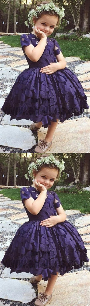 A-Line Round Neck Short Sleeves Flower Girl Dresses, Purple Flower Girl Dresses, TYP0720