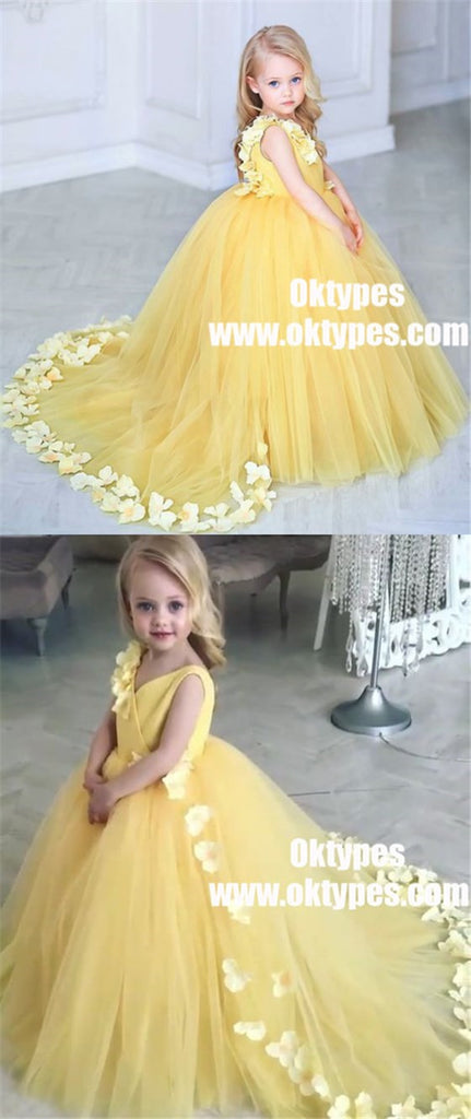 Ball Gown V-Neck Sweep Train Yellow Tulle Flower Girl Dress with Flowers, TYP0966