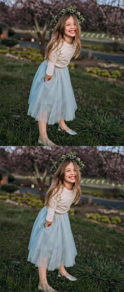 Cute Round Neck Mint Tulle Flower Girl Dress with Pockets&Appliques, TYP1068