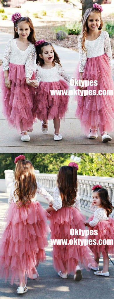 A-Line Round Neck Hot Pink Tulle Flower Girl Dress with Lace, TYP0950