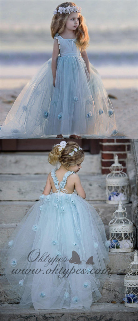 Blue Tulle A-Line Flower Girl Dresses, Backless Popular Little Girl Dresses, TYP1420