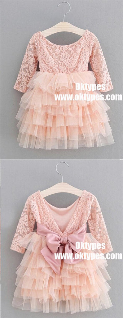 A-Line Round Neck Pleated Pink Tulle Flower Girl Dress with Flowers, TYP0970