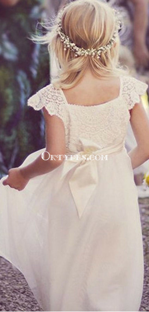 A-Line Square Cap Sleeves White Tulle Flower Girl Dress with Sash Lace, TYP0868