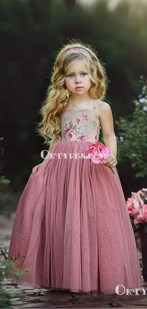 Spaghetti Strap Long Dusty Rose Floral Flower Girl Dresses, TYP1218