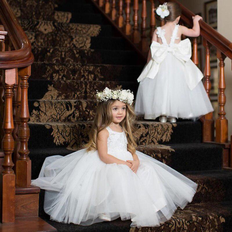 Cute Bateau White Tulle Lace Appliqued A-line Long Cheap Charming Flower Girl Dresses, FGS0016