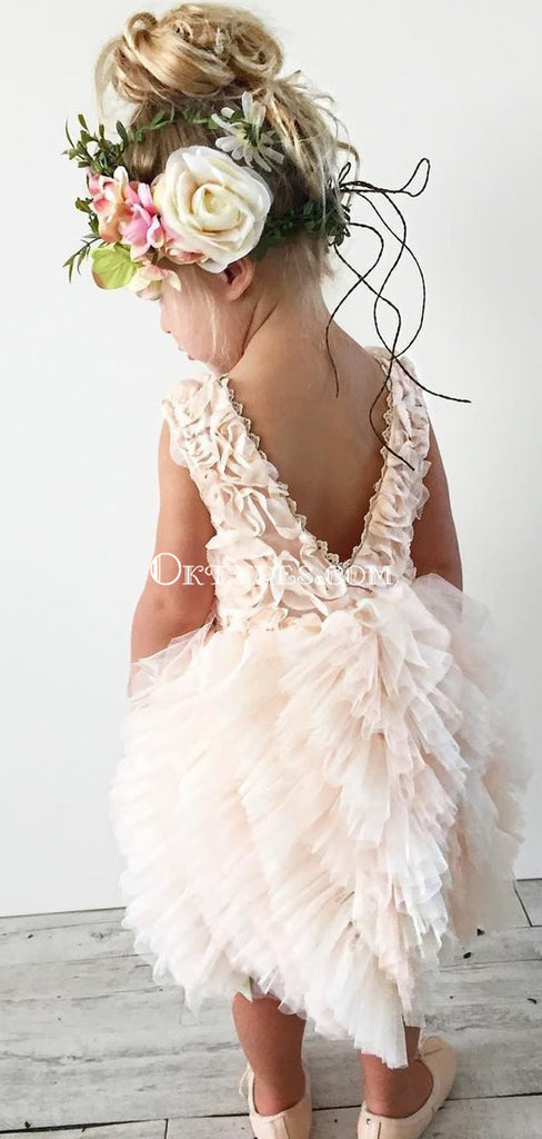 A-Line Crew Knee-Length Pearl Pink Tulle Flower Girl Dresses with Ruffles, TYP1026