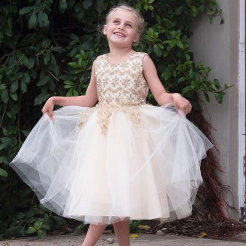 Popular Round Neck Champagne Appliqued Tulle Long Cheap Flower Girl Dresses, FGS0007