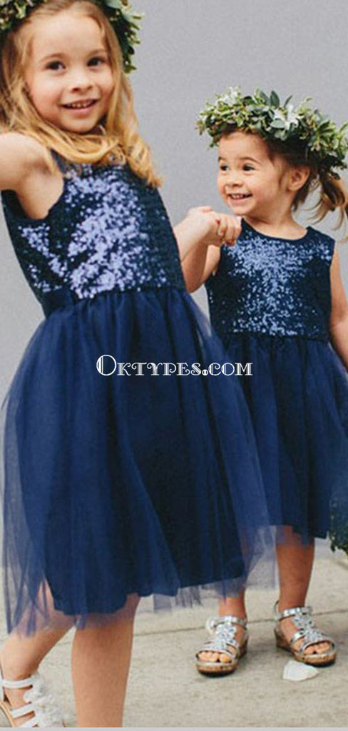 Cute A-Line Round Neck Navy Blue Tulle Flower Girl Dresses with Sequins, TYP1155