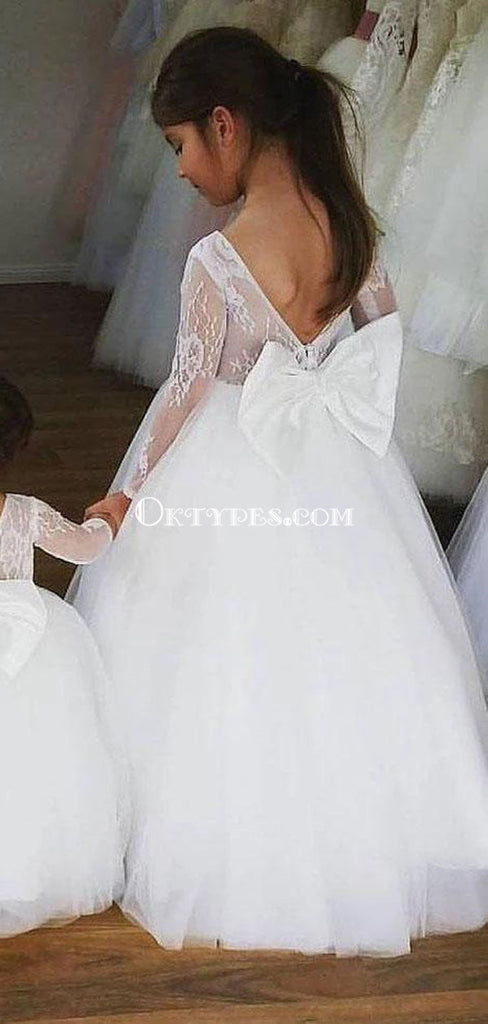 Long Sleeve Lace Top Flower Girl Dresses with Bow-Knot, Tulle Popular Little Girl Dresses, TYP0987