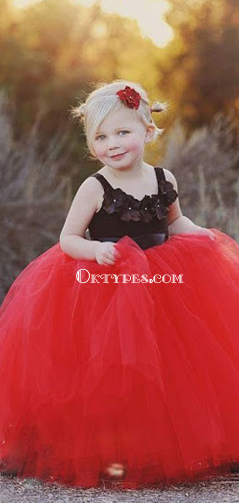 Lovely Black and Red Tulle Long Ball Gown Princess  Flower Girl Dresses, TYP1956