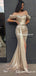 Off-The-Shoulder Newest Gold Sequin High Side Slit Sparkly Long Cheap Evening Prom Dresses, TYP2091