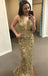 Sheath V-Neck Long Cheap Gold Lace Prom Dresses with Sequined, TYP1342