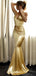 Mermaid V-Neck Long Cheap Backless Gold Satin Prom Dresses, TYP1276