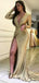 Mermaid Deep V-Neck Long Sleeves Split Front Gold Sequined Prom Dresses, TYP1274