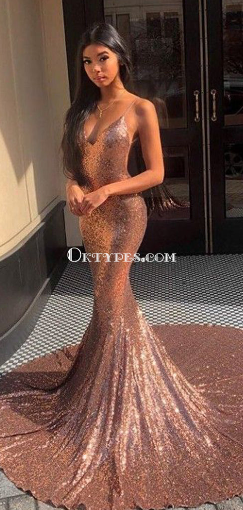 Spaghetti Straps Rose Gold Mermaid Evening Prom Dresses, Evening Party Prom Dresses, PDS0100