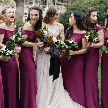 Sheath Off-the-Shoulder Short Sleeves Long Fuchsia Bridesmaid Dresses, TYP1370