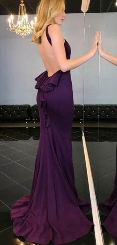 Mermaid Crew Long Cheap Grape Jersey Backless Sleeveless Prom Dresses with Ruffles, TYP1356